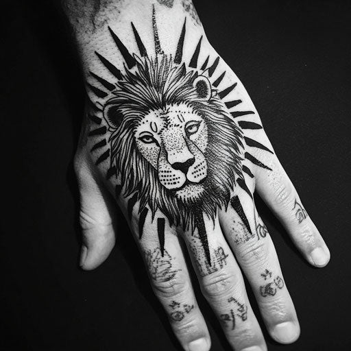 Sketch of lion and sun tattoo on hand