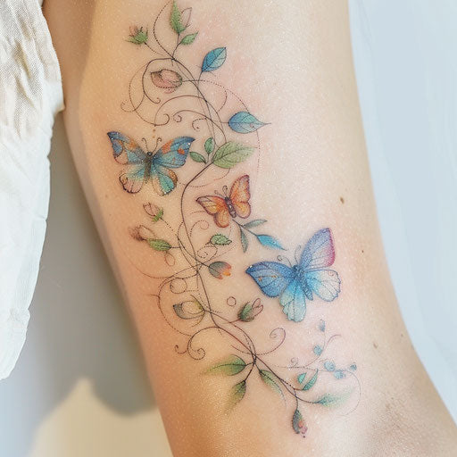 Delicate vine and butterfly tattoo, pastel colors on pure white