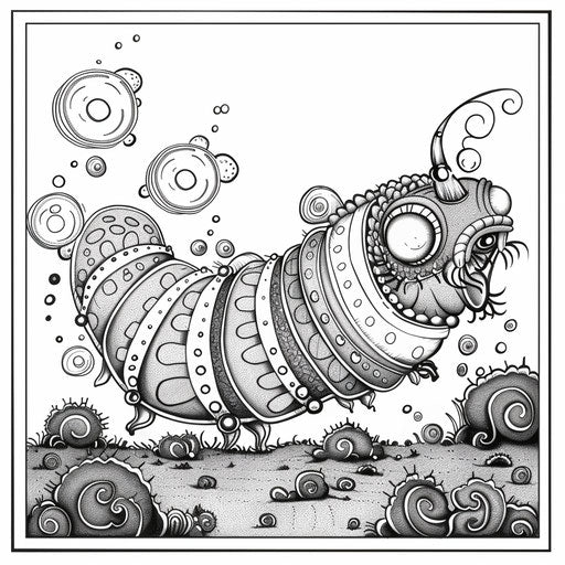A playful caterpillar blowing bubbles. Coloring book page