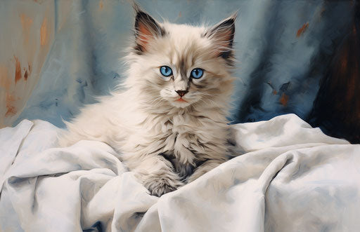 Kitten next to a white blanket, light beige and dark azure