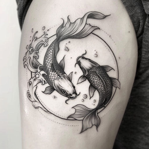 Japanese style yin and yang tattoo with koi fish and gentle waves