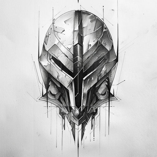 Sketch of futuristic spartan helmet tattoo with metallic accents