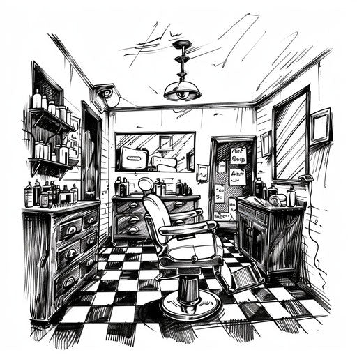 Artistic flat tattoo sketch of a barbershop interior scene