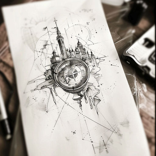 Modern flat tattoo sketch of a GPS device with coordinates to a hidden treasure