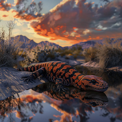 Gila monster next to a serene desert spring