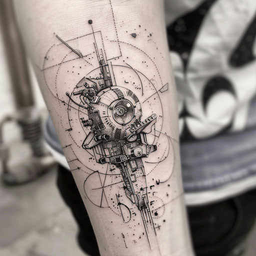 Tiny cute tattoos in the style of J.P. Targete with futuristic and surreal elements