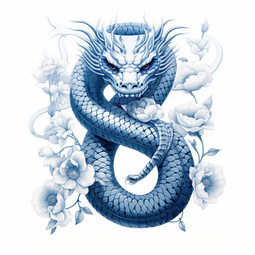 Blue snake tattoo on white background, chinapunk style