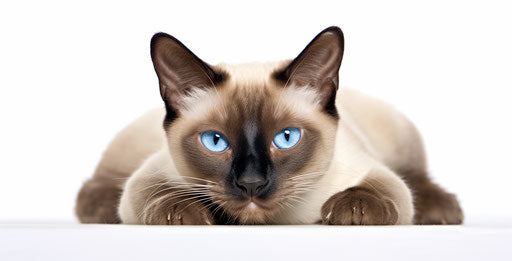 Siamese cat on white background, dark beige and blue style