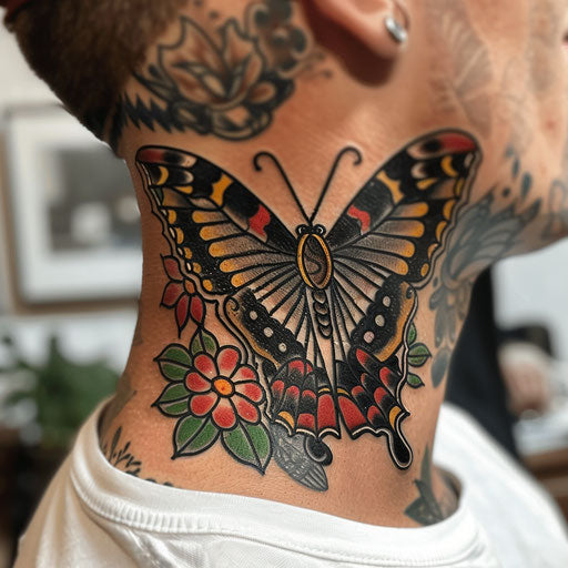 Butterfly neck tattoo with sailor motifs, Sailor Jerry style