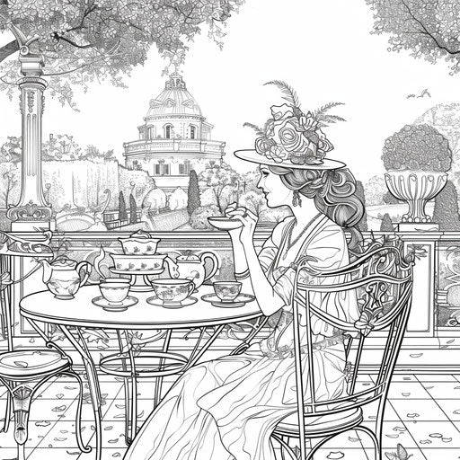 Elegant tea party scene with fashionable elements, coloring book