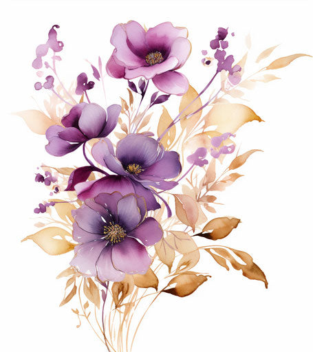 Watercolor purple flowers and branches illustration