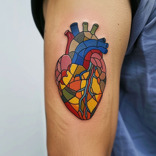Anatomical heart tattoo in stained glass style, colorful on white