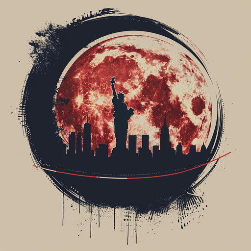 Patriotic tattoo sketch of an eclipse with a national landmark silhouette, in national colors, clipart style