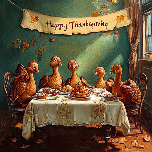 Thanksgiving meal with a family of cartoon turkeys