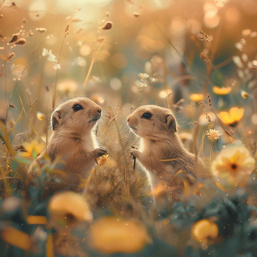 Prairie dogs in a whimsical meadow setting