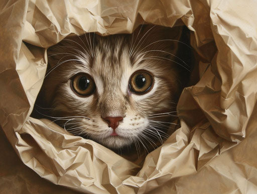 A cat peering through the brown paper wrapping