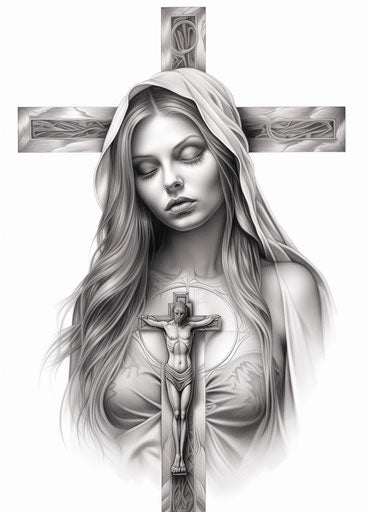 Black and white tattoo: cross, woman, realistic style
