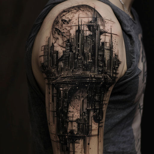 Men's tattoo with futuristic cityscape view