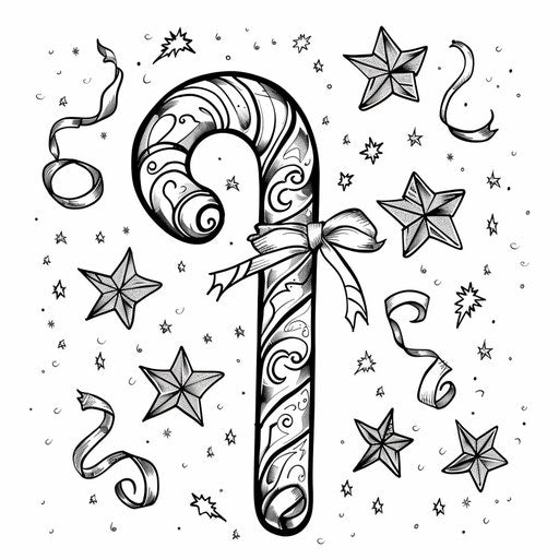 Candy cane with swirling decorations and stars