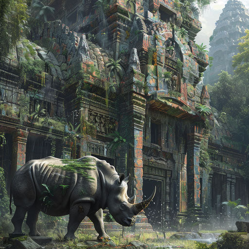 Rhino exploring ruins of ancient temple overgrown with jungle foliage.