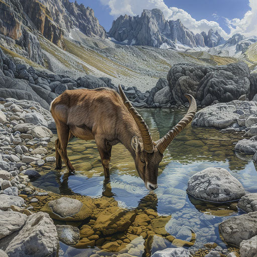 Ibex drinking in a clear mountain stream