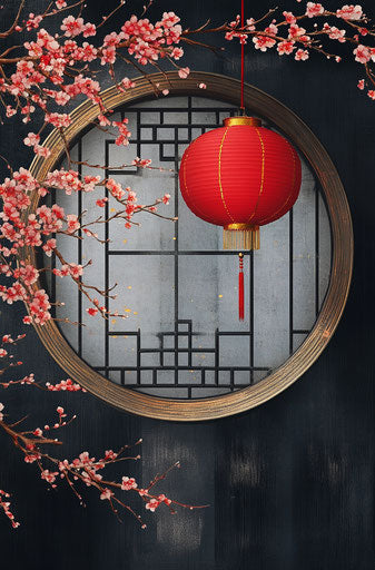 Red lantern surrounded by plum blossoms and golden clouds