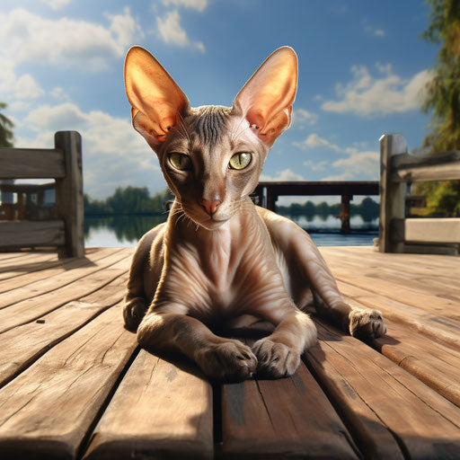 Oriental shorthair cat lying on a dock