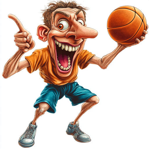 Humorous basketball player caricature with human characteristics