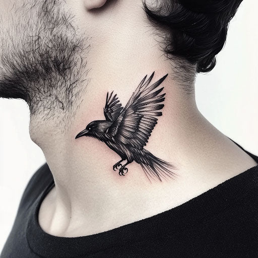 Sketch of small neck tattoo for men with a black raven