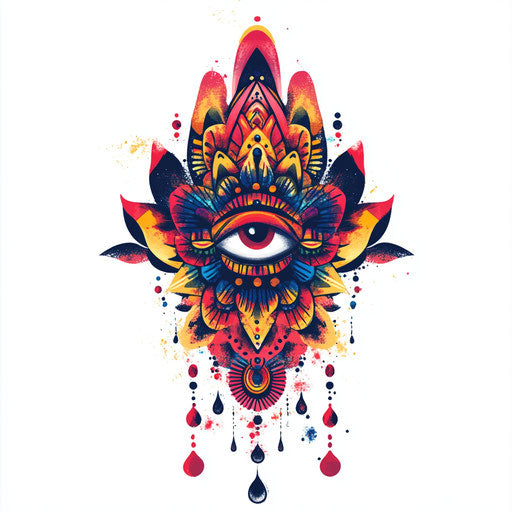 Pop art mandala hand tattoo, bright colors and dots