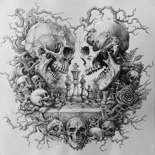Intricate flat tattoo sketch of a chess battle