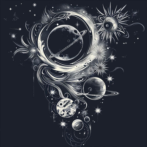 Dramatic eclipse with stars and planets aligned, clipart style