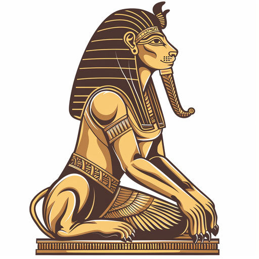Exotic flat tattoo sketch of an Egyptian sphinx, sandy beige and gold