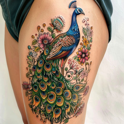 Wildflower tattoo with peacock, vibrant colors, detailed feathers, luxurious