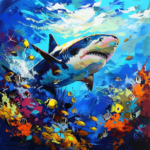 Tiger shark gliding in the ocean with vibrant marine life