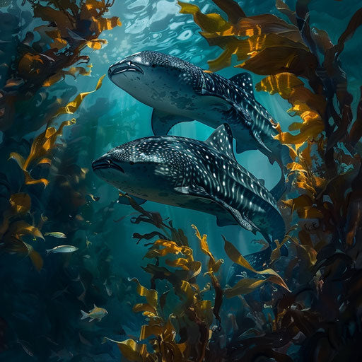 Whale shark and calf swimming near ocean floor