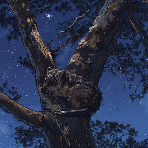 Possum climbing tree under starry night sky