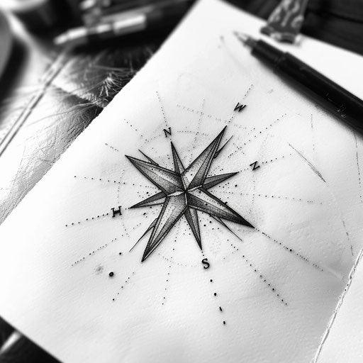Maritime navigation: compass rose tattoo in dotwork white