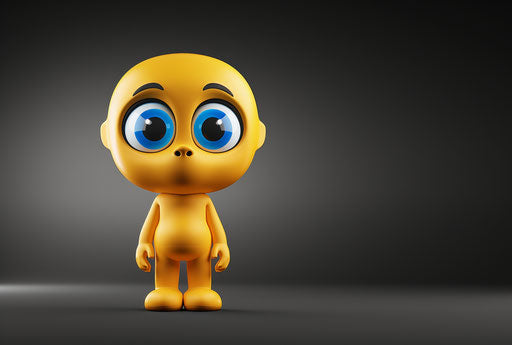 3D yellow character with blue eyes, emotionally complex style