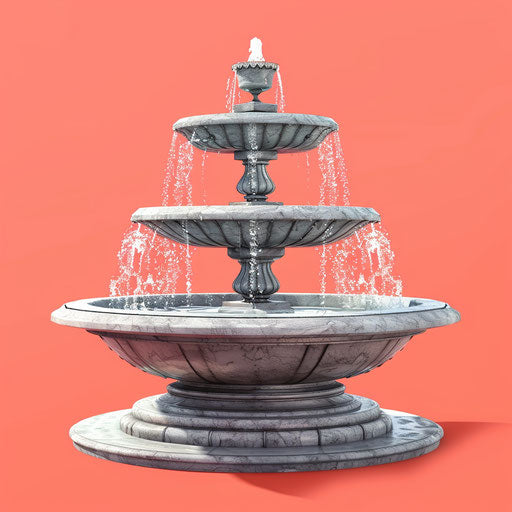 Realistic fountain clipart on a flat, vibrant coral background