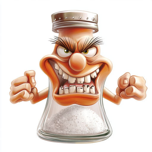 Humorous caricature of a salt shaker with human characteristics
