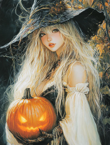 Blonde witch holding glowing orange pumpkin, in style of Luis Royo