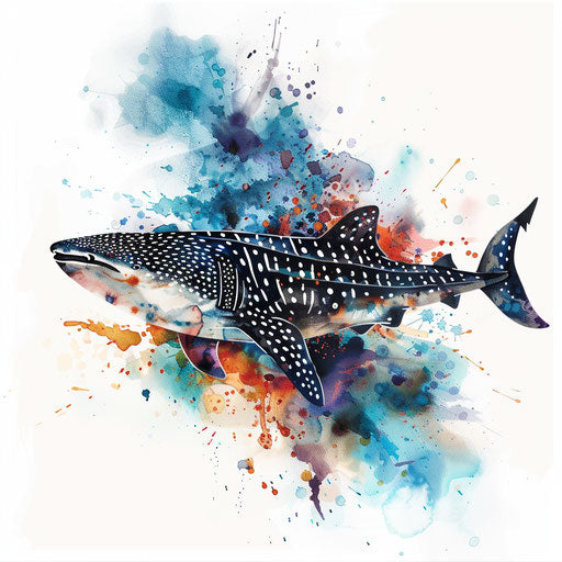 Artistic flat tattoo sketch of a whale shark with watercolor splashes representing the sea