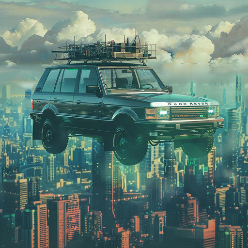 Futuristic vehicle over modern cityscape