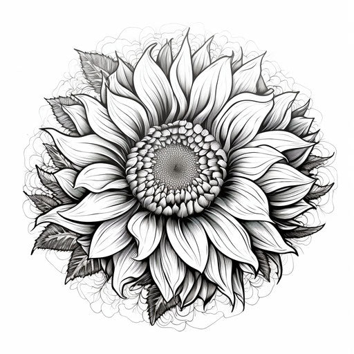 Sunflower sketch in black and white, intricate illustrations