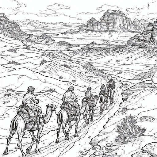 Camel caravan in desert, coloring book page
