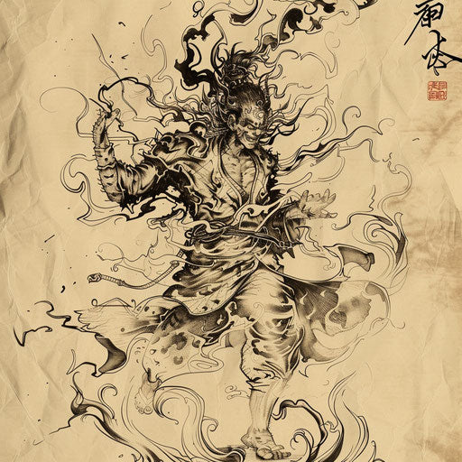 Dynamic sketch of a Japanese demon in battle stance with swirling wind