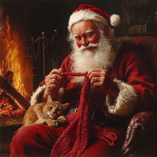 Santa knitting a long red scarf by the fireside