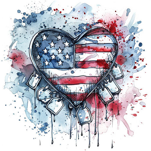 Patriotic heart of American flag and dog tags on white background