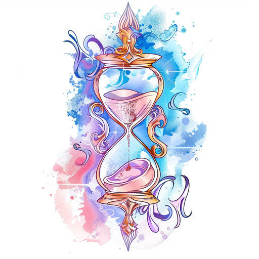 Hourglass with flowing sand, flat tattoo sketch in pastel tones